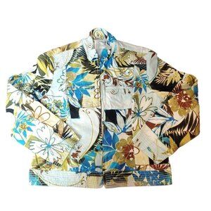 CHICO'S Jacket Size 1 US 8 Full Zip Long Sleeve Floral Blue Green Cotton Cottage